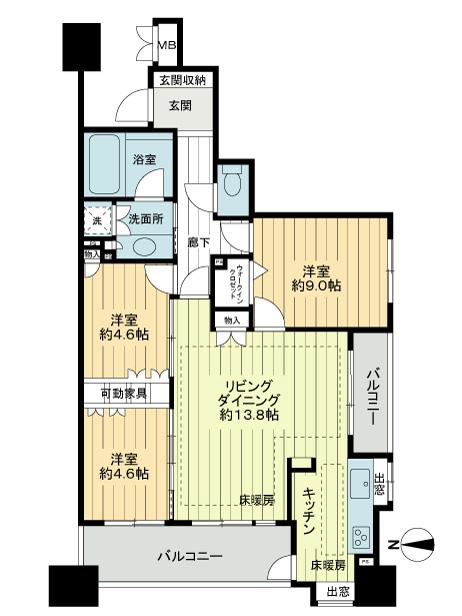 Floor plan. 3LDK, Price 30,900,000 yen, Footprint 78.6 sq m , Balcony area 12.6 sq m southwest angle room ・ There is a window in the kitchen