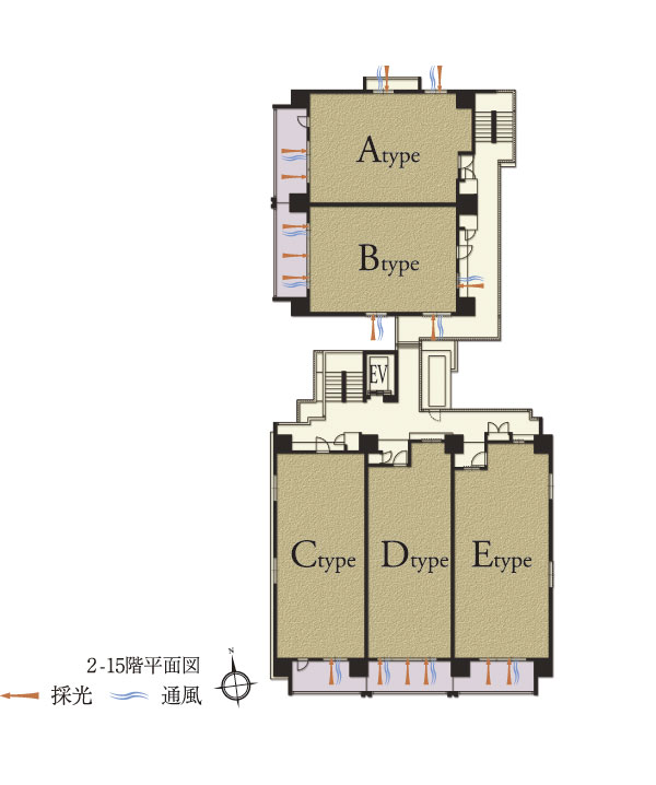 Features of the building.  [Land Plan] Site of the south ・ West ・ Three sides of the north is opened on the road, ventilation ・ Corner lot the presence of lighting properties and form stand out. Dwelling unit is laid out in a south-facing center, By a two-zone configuration, Of the total 70 House, 56 House has become a planning to be a corner dwelling unit (2-15-floor plan view)