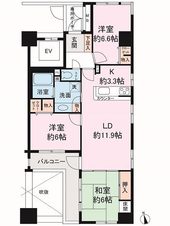 Floor plan. 3LDK, Price 28.8 million yen, Occupied area 77.47 sq m , Balcony area 9.02 sq m