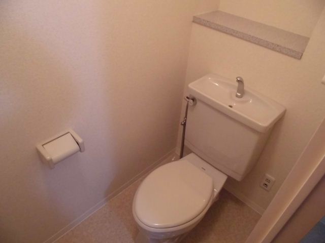 Toilet. There is storage shelves and outlet