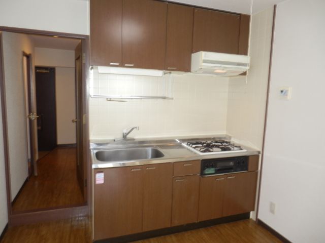 Kitchen. 3-burner stove in the kitchen. Plenty of storage