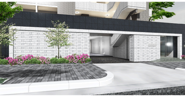 Features of the building.  [entrance] Door finished with black is the entrance of urban impression (Rendering)