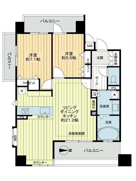 Floor plan. 2LDK, Price 29,800,000 yen, Occupied area 73.01 sq m , Balcony area 19.98 sq m 2LDK