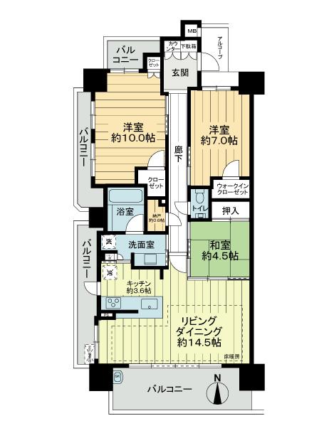 Floor plan. 3LDK, Price 55 million yen, Footprint 91.6 sq m , Balcony area 21.52 sq m Floor