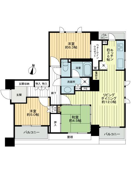 Floor plan. 3LDK, Price 35,800,000 yen, Footprint 76.2 sq m , Balcony area 8.19 sq m top floor ・ Two-sided balcony ・ 3 face lighting