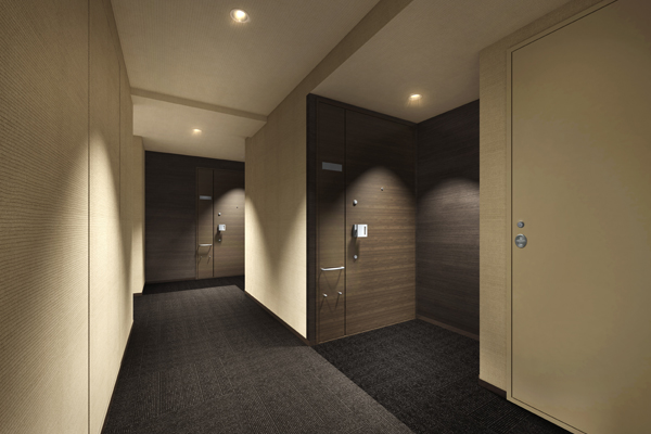 Shared facilities.  [Inner hallway] Corridor within each floor dwelling unit has been adopted by an inner corridor format. Respond to inhabit those expectations, It is calm appearance. Also, Dirt by the wind and rain, Reduce the noise. Also increase the privacy of (Rendering)