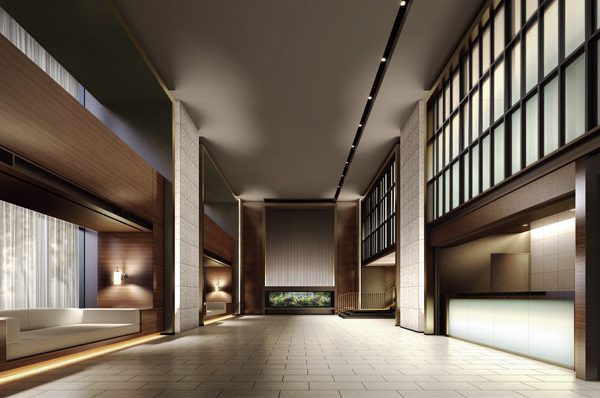 Entrance Hall bathed in soft light from the wide glass, Luxury large space of the second floor atrium / Entrance Hall Rendering CG