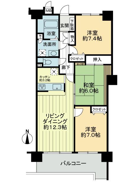 Floor plan. 3LDK, Price 14.8 million yen, Occupied area 79.79 sq m , Balcony area 12.12 sq m