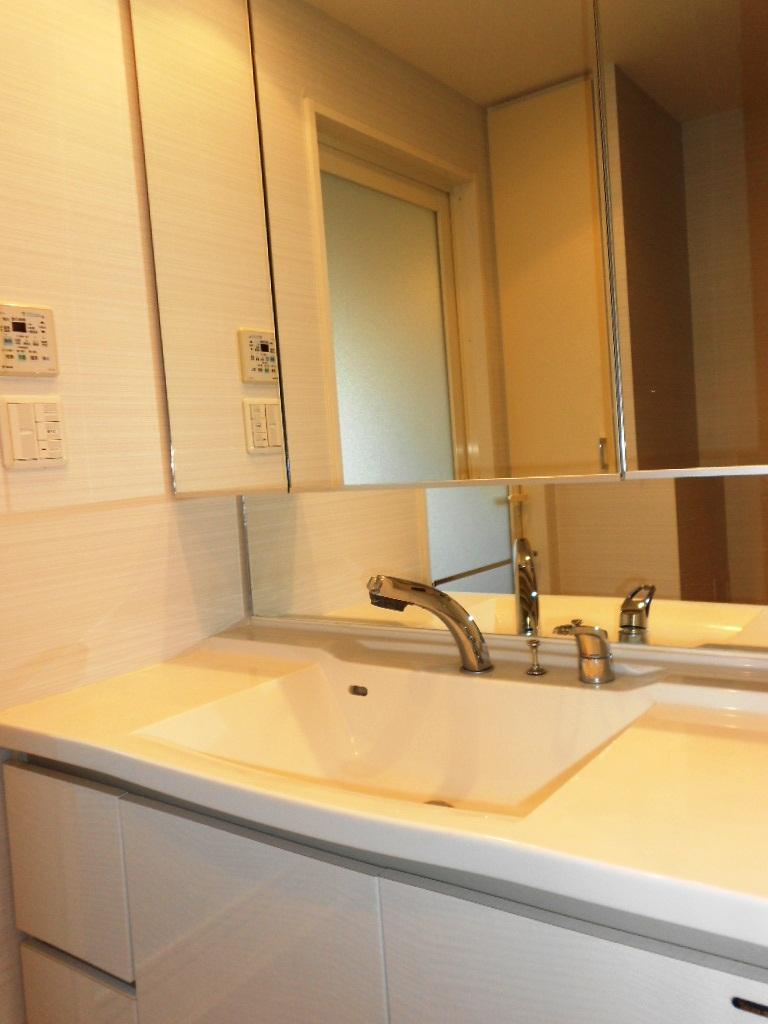 Wash basin, toilet. This basin bowl of integrally molded with the top plate. There is a linen cabinet. (November 2013) Shooting