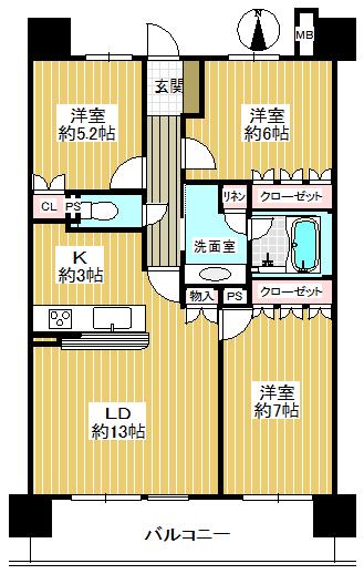Floor plan. 3LDK, Price 19,800,000 yen, Occupied area 76.85 sq m , Balcony area 13.59 sq m