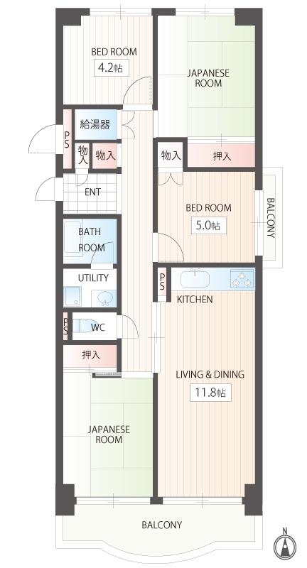 Floor plan. 4LDK, Price 12.2 million yen, Occupied area 83.74 sq m , Balcony area 10.21 sq m angle dwelling unit, Two-sided balcony
