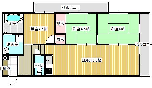 Floor plan. 3LDK, Price 9.6 million yen, Occupied area 62.44 sq m , Balcony area 12.75 sq m