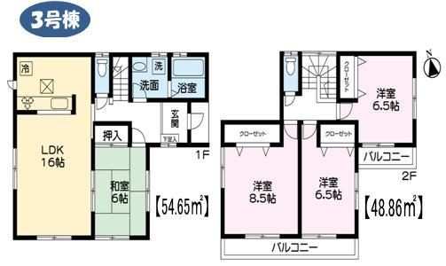 Floor plan. (3 Building), Price 29,800,000 yen, 4LDK, Land area 124.16 sq m , Building area 103.51 sq m
