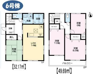 Floor plan. (6 Building), Price 28.8 million yen, 4LDK, Land area 139.19 sq m , Building area 101.86 sq m