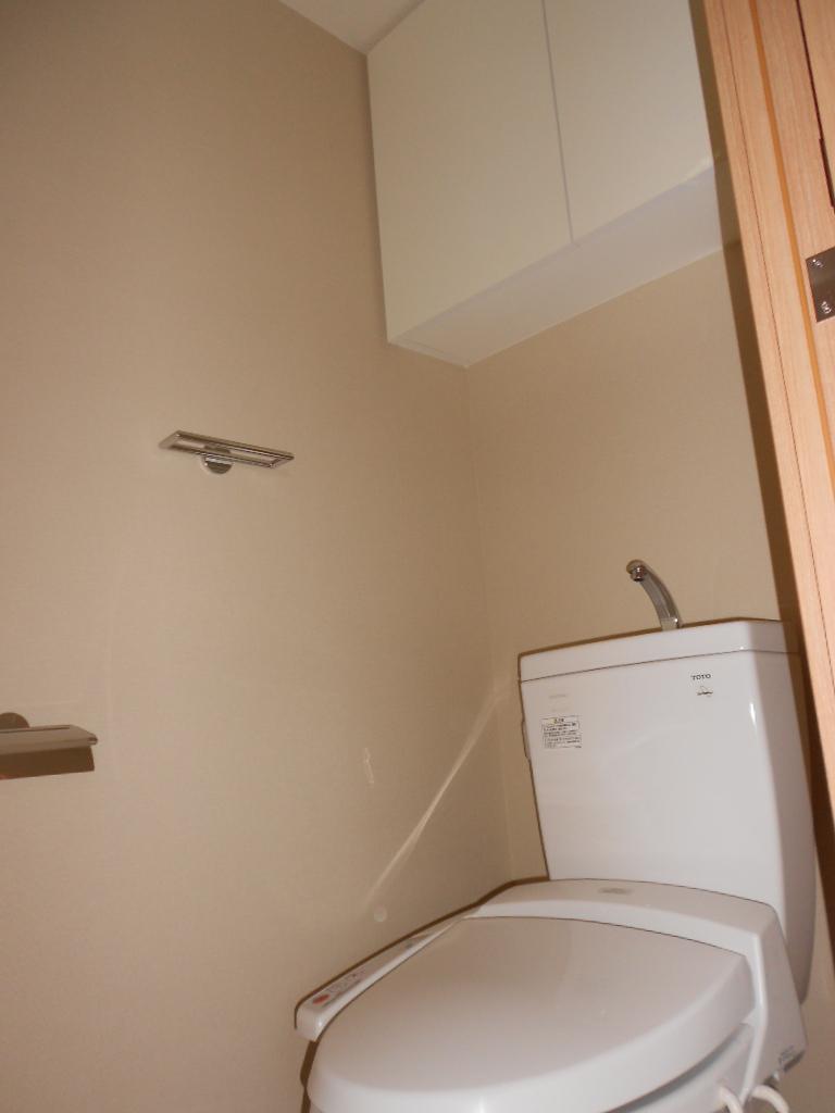 Toilet. Toilet of warm water washing toilet seat. There is a hanging cupboard, For convenient storage.