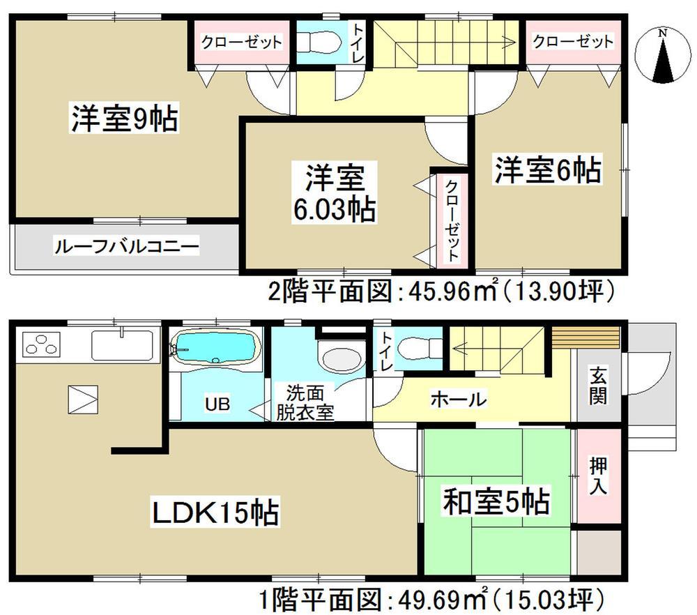 Floor plan. 1 ・ 2 Building all the living room facing south! 2 Kainushi bedroom is spacious 9 Pledge. 