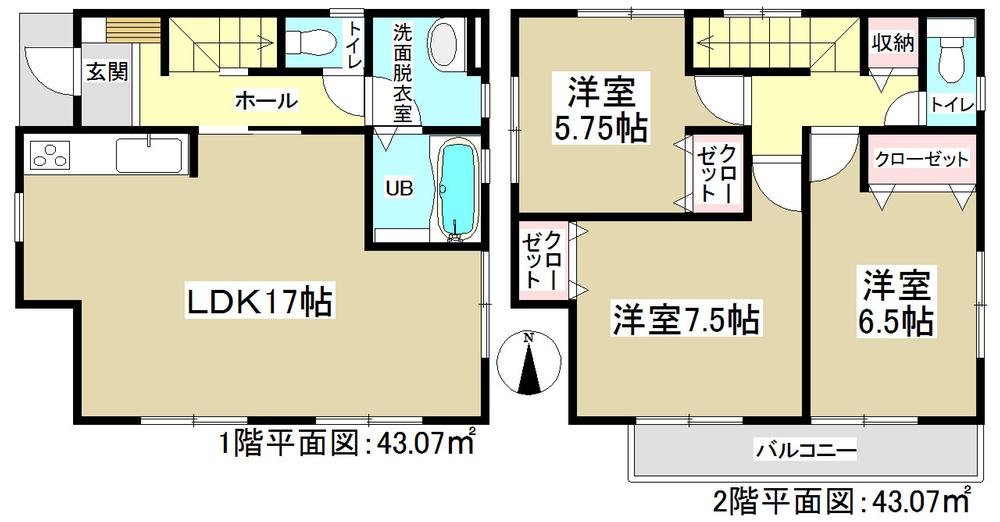 Floor plan. 26,800,000 yen, 3LDK, Land area 98.53 sq m , Building area 86.14 sq m   ◆ South-facing 17 quires living ◆ 