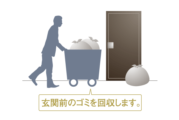 Variety of services.  [Dust shooter Service] Two days a week, If you put out the garbage bag before each dwelling unit entrance to the specified date and time of the combustible waste management personnel collecting the garbage. It saves also time to go out to the outdoor trash bin ※ Non-combustible garbage will be asked to carry-out at their own (image illustrations)