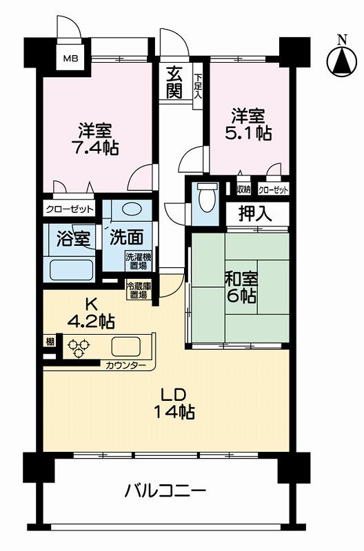Floor plan. 3LDK, Price 23.8 million yen, Occupied area 80.08 sq m , Living room spread on the balcony area 14.4 sq m south