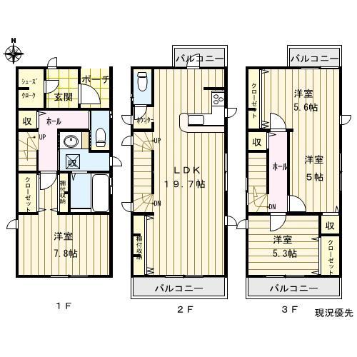 Floor plan. (B Building), Price 39,300,000 yen, 4LDK, Land area 99.24 sq m , Building area 107.93 sq m