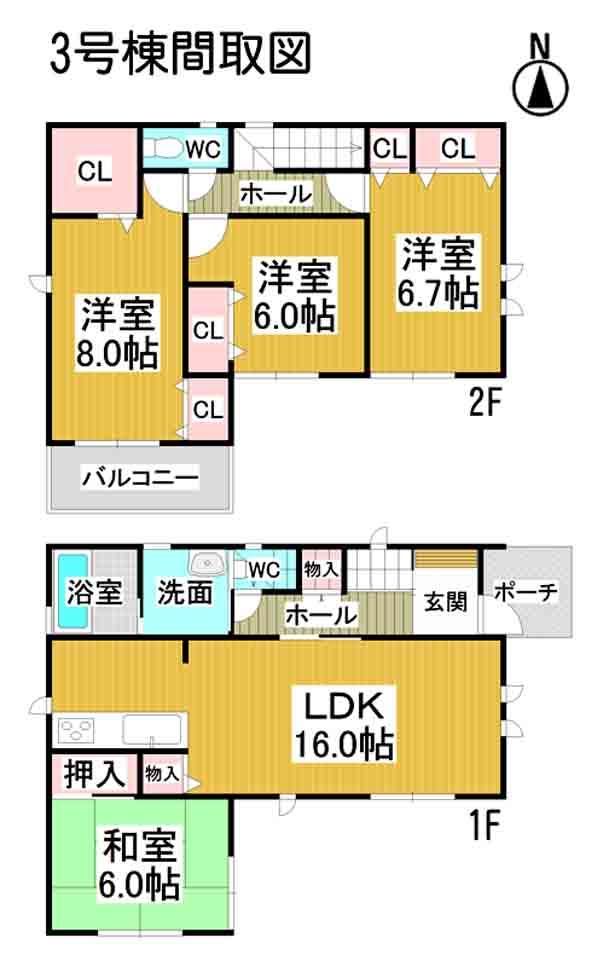 Floor plan. 31,800,000 yen, 4LDK, Land area 108.64 sq m , Building area 102.87 sq m all room 6 quires more ・ Facing south Storage space is also rich !!