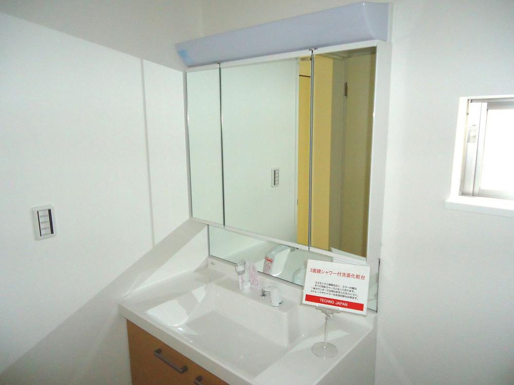 Wash basin, toilet. Vanity with shower