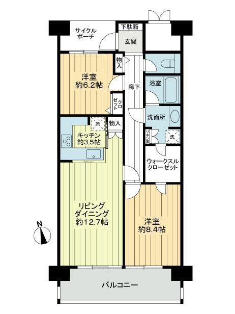 Floor plan. 2LDK, Price 26.5 million yen, Occupied area 75.52 sq m , Balcony area 12.02 sq m