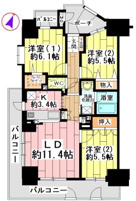 Floor plan. 3LDK, Price 19,800,000 yen, Occupied area 70.31 sq m , Balcony area 18.81 sq m southwest angle room