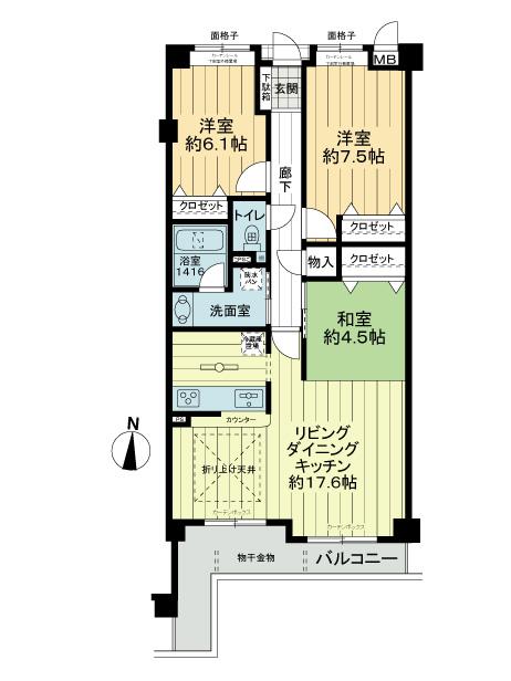 Floor plan. 3LDK, Price 19,800,000 yen, Occupied area 77.45 sq m , Living-dining kitchen balcony area 9.65 sq m 17.6 Pledge.
