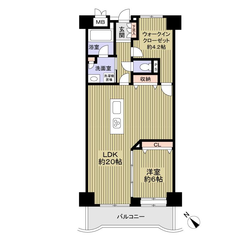 Floor plan. 1LDK, Price 16.8 million yen, Footprint 66 sq m , Balcony area 8.42 sq m 1LDK + storeroom