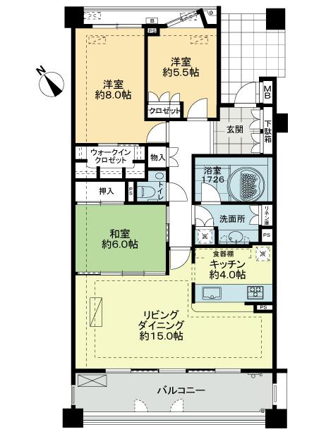 Floor plan. 3LDK, Price 41,500,000 yen, Footprint 91.2 sq m , Balcony area 15 sq m living dining about 15 Pledge.