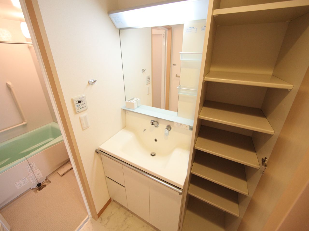 Washroom. Dressing room Independent washbasin (with shampoo dresser) storage rack enhancement
