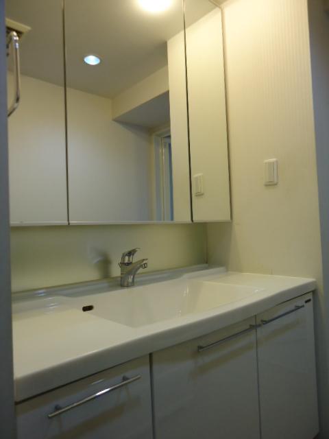 Wash basin, toilet. Linen cabinet with wash room.