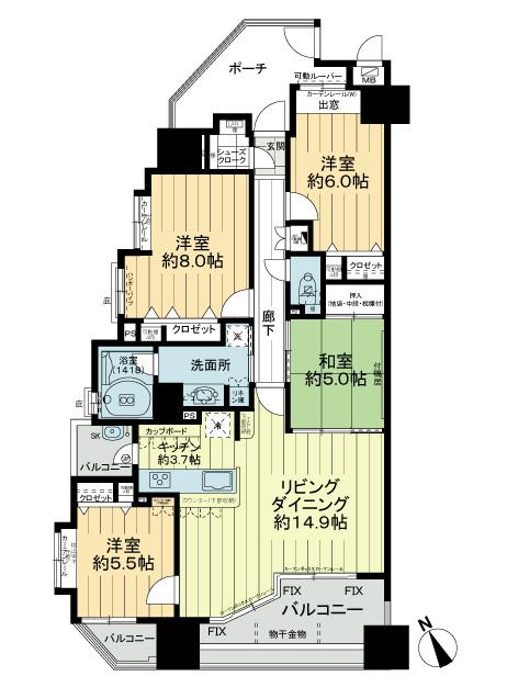 Floor plan. 4LDK, Price 35,800,000 yen, Footprint 97.8 sq m , Balcony area 16.15 sq m southwest angle room, 4LDK, 97.80 sq m .