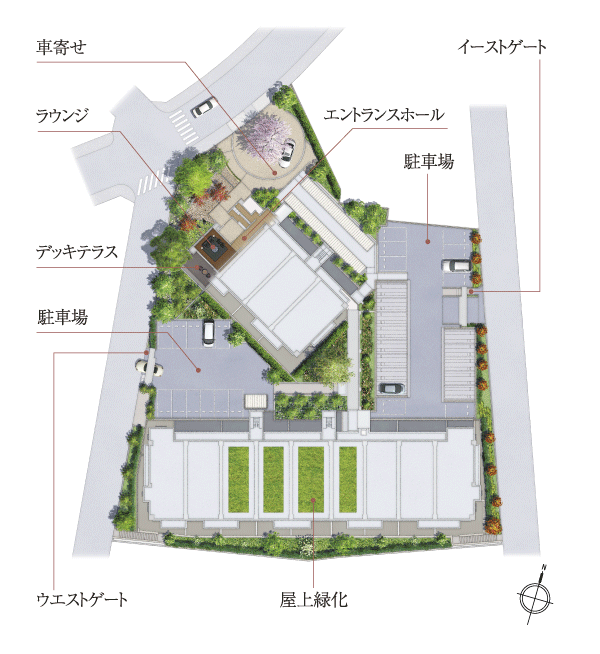 Buildings and facilities. In order to ensure the privacy and daylighting, Along with the use of the difference in height of the site, Plans to distributed has been adopted in two buildings the building. further, By providing the angle in SEQ building of two buildings, Lighting and sense of openness have been taken into account so as to obtain. Residential building of low-rise is, It exudes grace and dignity, And beautiful harmony to the streets of calm there Yagotofujimi (site layout illustration)