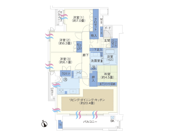 E-A type (East Residence) 4LDK [price / 52,950,000 yen] Occupied area / 99.82 sq m balcony area / 16.63 sq m service balcony area / 2.6 sq m porch area / 1.9 sq m trunk room area / 1.44 sq m