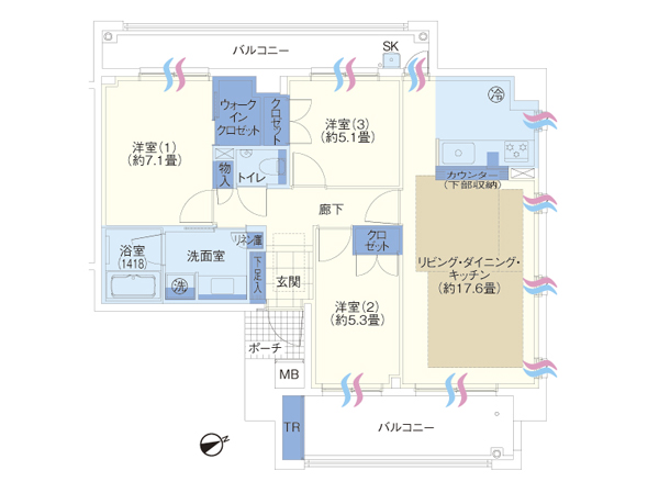 E-C type (East Residence) 3LDK [price / 35,900,000 yen] Occupied area / 78.90 sq m balcony area / 19.34 sq m porch area / 2.17 sq m trunk room area / 1.15 sq m