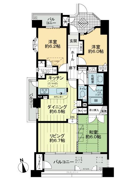 Floor plan. 3LDK, Price 22,800,000 yen, Occupied area 75.51 sq m , Balcony area 18.65 sq m 75.51 sq m , 3LDK, All room 6 quires more.