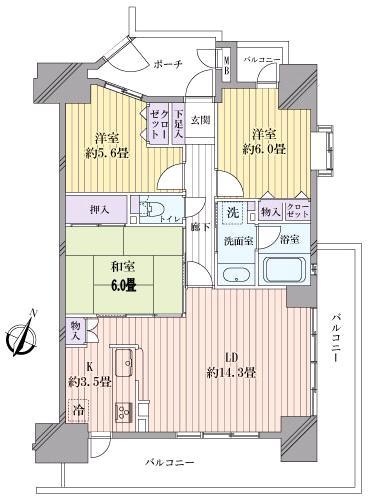 Floor plan. 3LDK, Price 18 million yen, Footprint 75.4 sq m , Balcony area 23 sq m