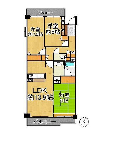 Floor plan. 3LDK, Price 19.9 million yen, Footprint 76.9 sq m , Balcony area 12.7 sq m