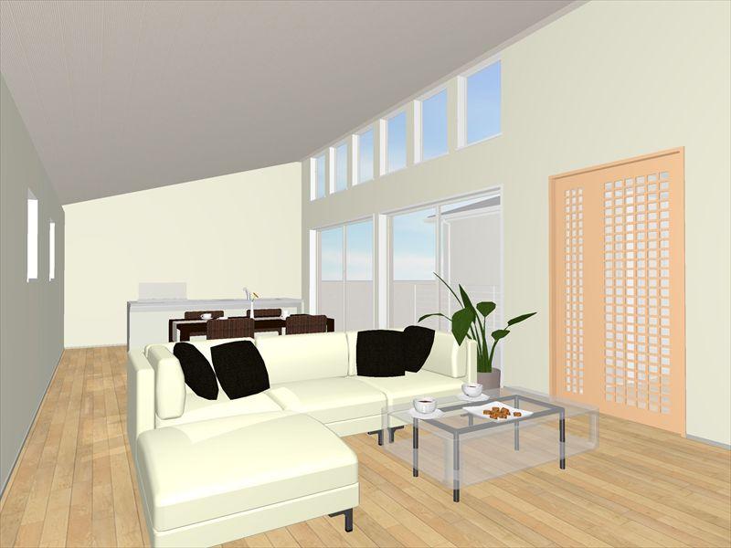 Rendering (introspection). Kitchen Image Take a wide frontage, By taking the sash to the ceiling of the high position, Very bright living room. Further open with a gradient ceiling. 