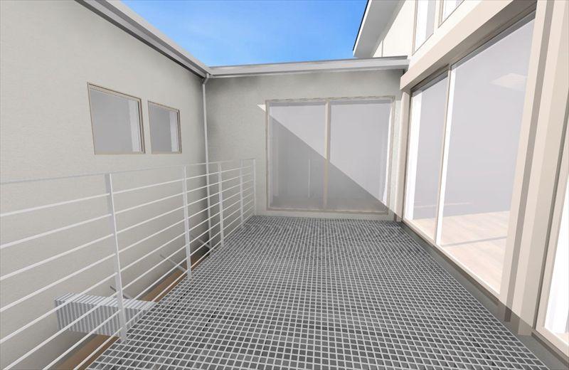 Rendering (introspection). Balcony Image Use the FRP grating on the floor, It was also considered in the lighting of the first floor terrace part. 