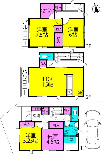 Floor plan. 33,800,000 yen, 3LDK + S (storeroom), Land area 75.87 sq m , Building area 106.85 sq m