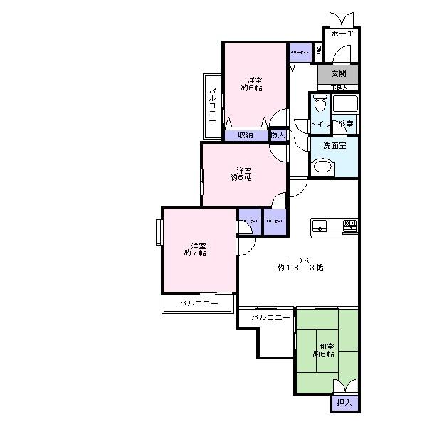 Floor plan. 4LDK, Price 33 million yen, Footprint 101.29 sq m , Balcony area 13.44 sq m