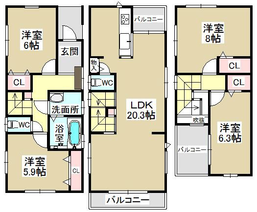 Floor plan. 30,800,000 yen, 4LDK, Land area 80.2 sq m , Building area 107.63 sq m