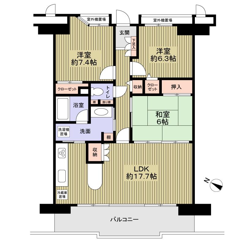 Floor plan. 3LDK, Price 16.3 million yen, Occupied area 83.04 sq m , Balcony area 14.77 sq m