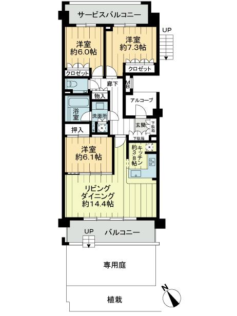 Floor plan. 3LDK, Price 49,800,000 yen, Occupied area 86.85 sq m , Balcony area 12.08 sq m floor plan