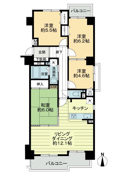 Floor plan. 4LDK, Price 13.5 million yen, Occupied area 80.67 sq m , Balcony area 12.14 sq m floor plan