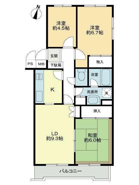 Floor plan. 3LDK, Price 9.8 million yen, Occupied area 68.81 sq m , Balcony area 6.57 sq m floor plan