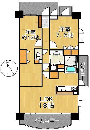 Floor plan. 2LDK, Price 24,800,000 yen, Occupied area 76.36 sq m , Balcony area 17.74 sq m